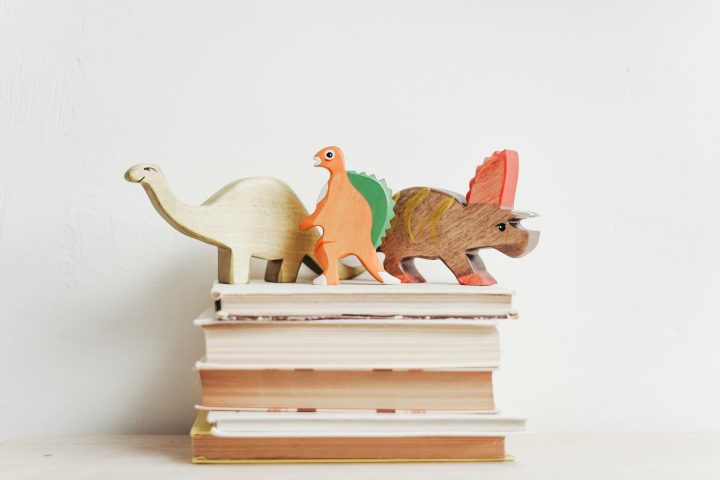 books with wooden dinosaurs