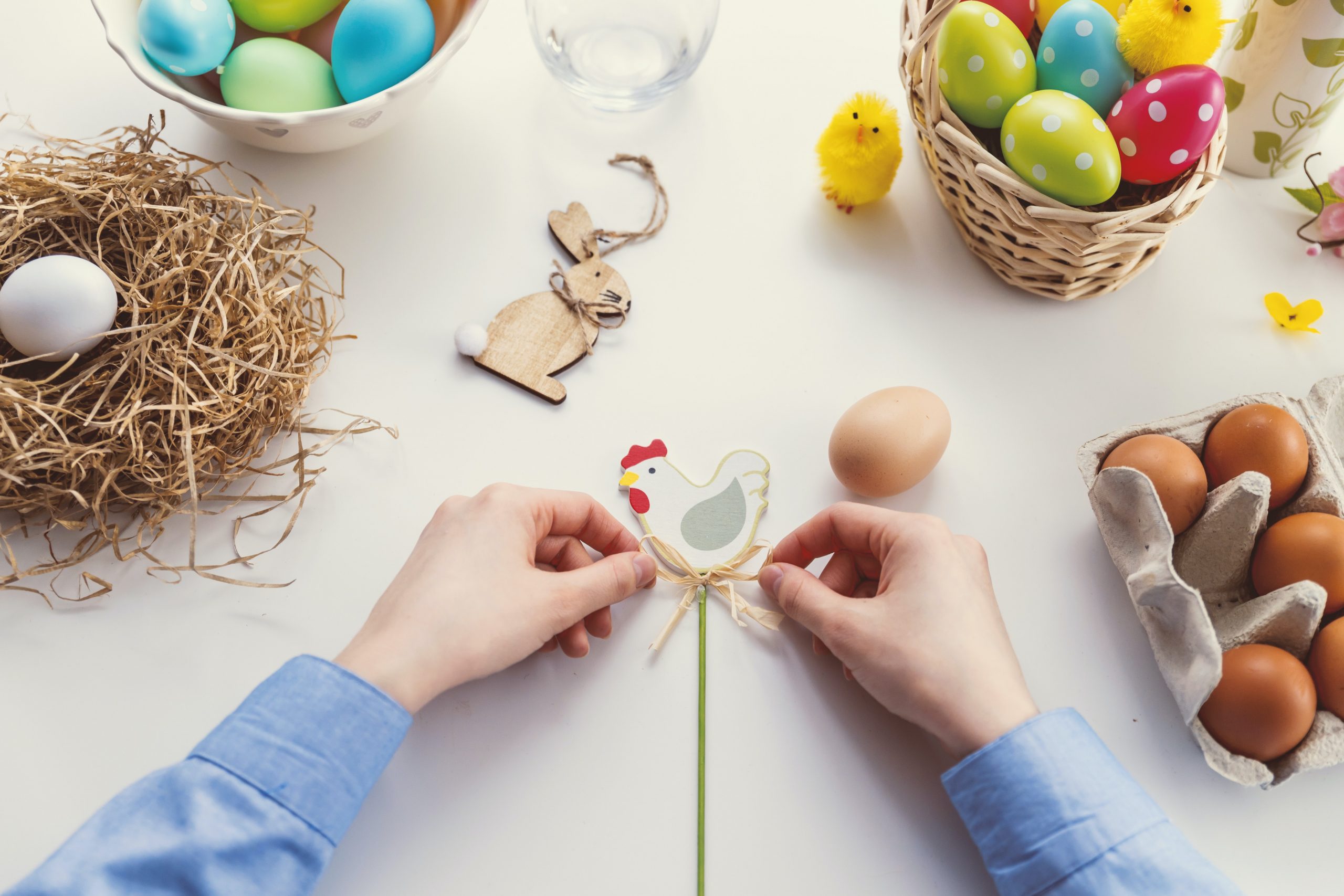 easter wooden decorations and eggs